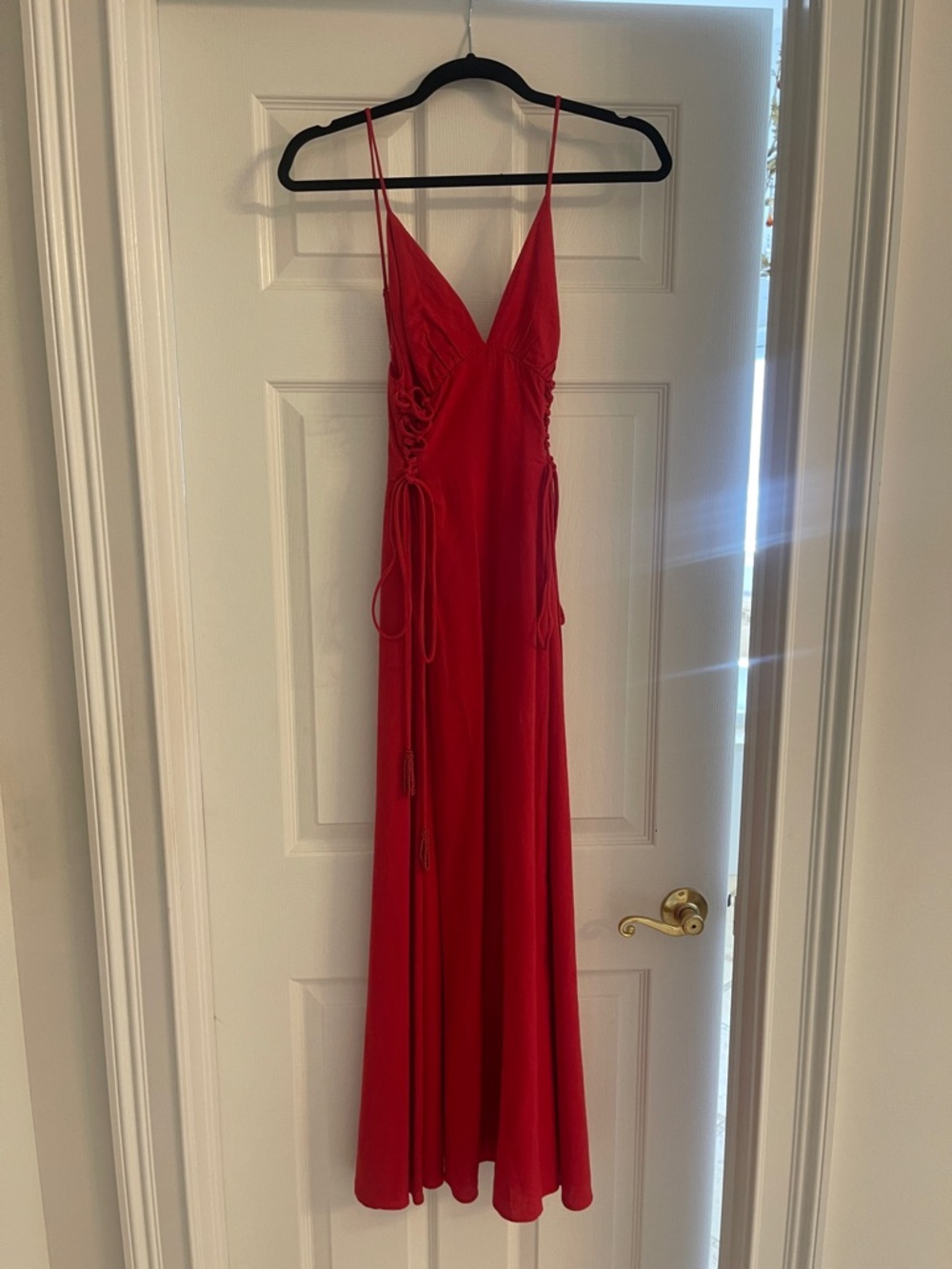 FARM Rio Red Spaghetti-Strap Maxi Dress with Lace-Up Sides. Worn once.